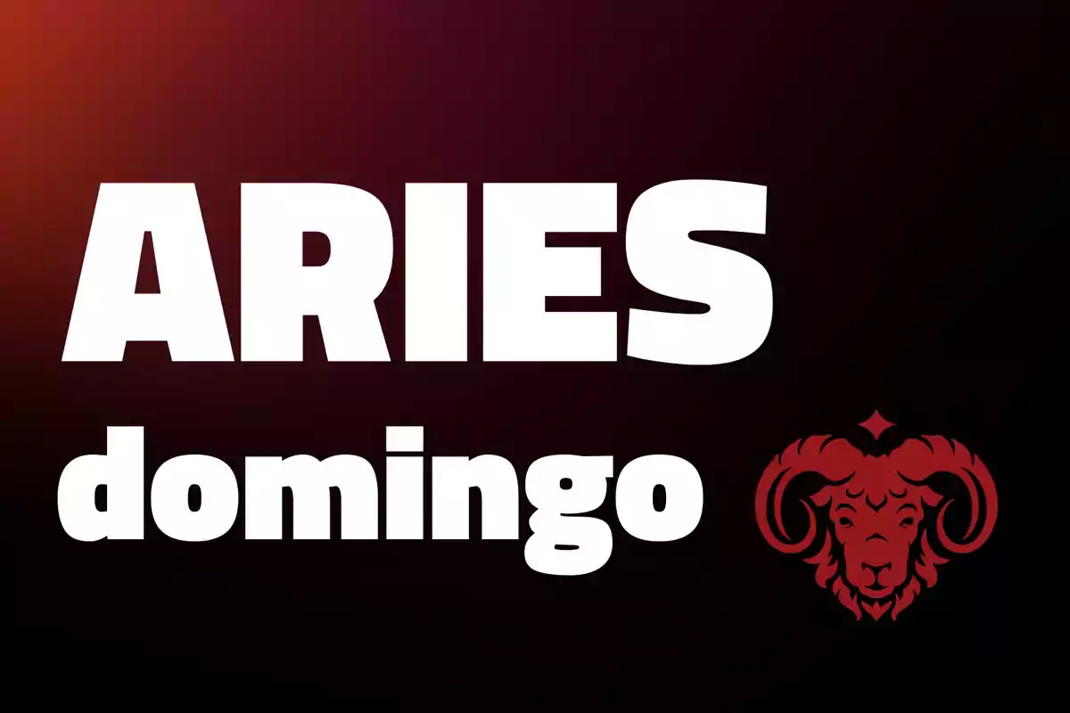Texto grande que dice Aries domingo sobre un fondo oscuro con un dibujo rojo de la cabeza de un carnero.