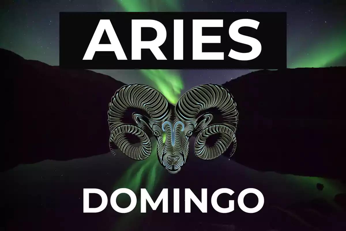 Imagen con el texto Aries y Domingo, un carnero estilizado en el centro y una aurora boreal de fondo.