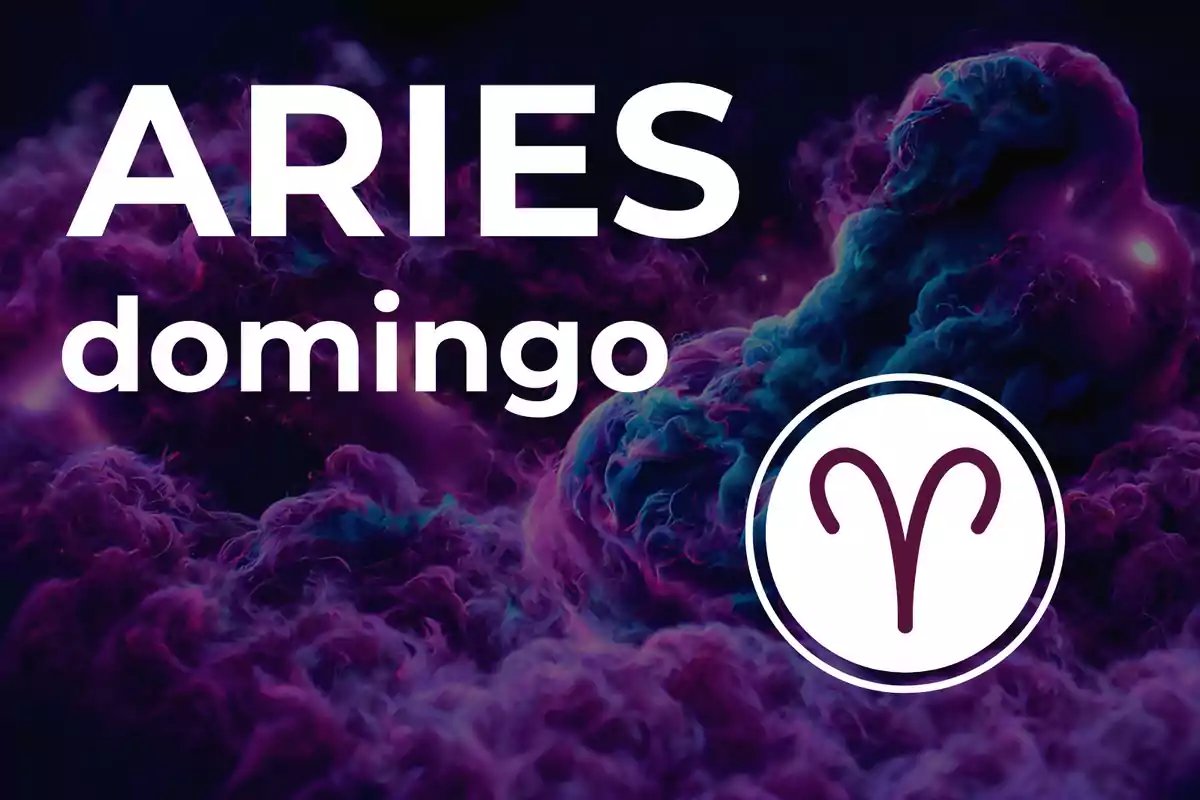 Imagen con fondo de nubes en tonos morados y azules, texto grande que dice ARIES domingo y el símbolo del signo Aries dentro de un círculo blanco.