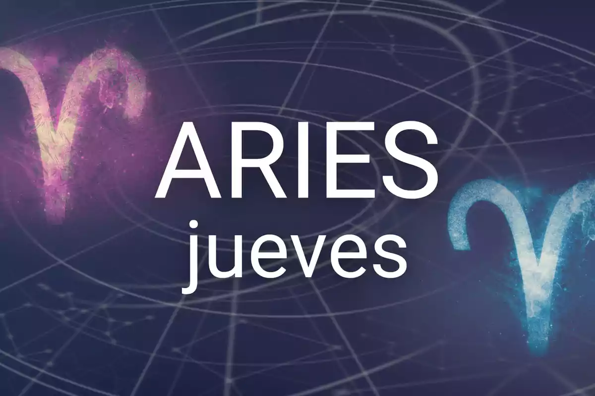 Signo de Aries con símbolos zodiacales y la palabra jueves sobre un fondo azul oscuro con líneas y constelaciones.