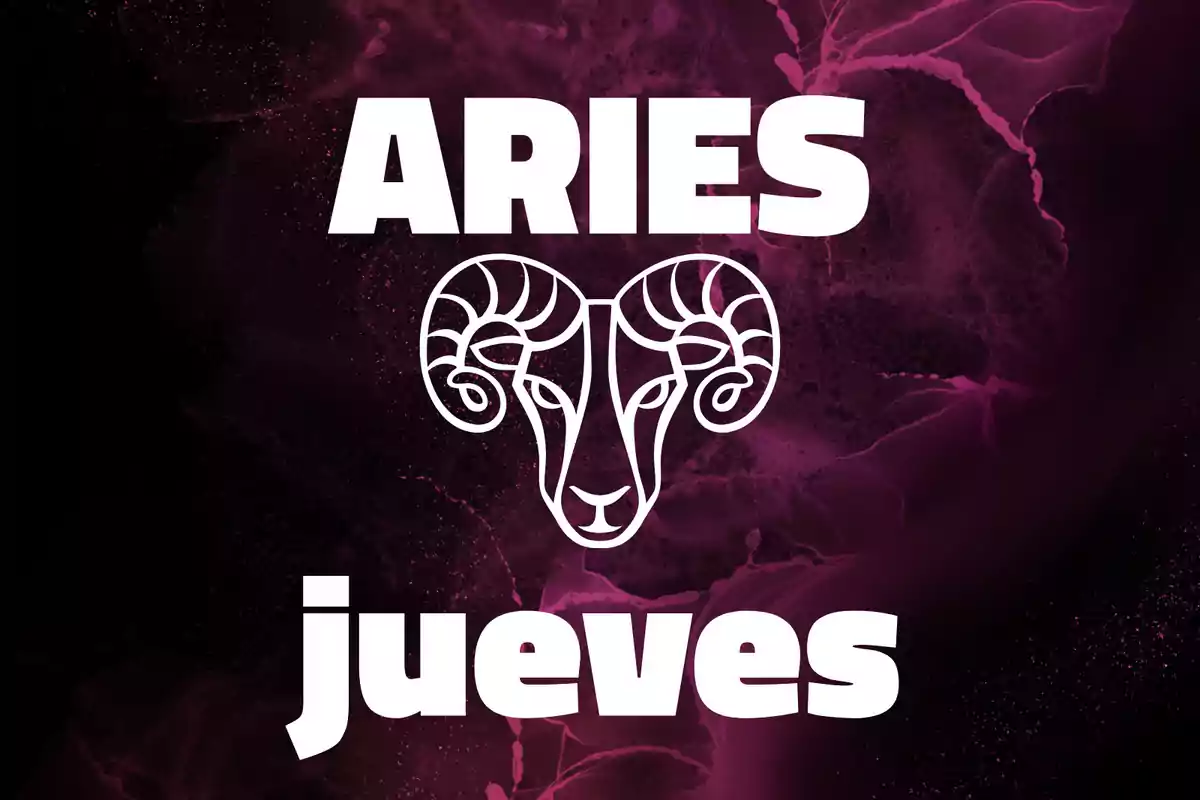 Imagen con fondo oscuro y detalles en tonos morados, en el centro aparece la palabra ARIES en letras grandes y blancas, debajo un dibujo estilizado de la cabeza de un carnero y la palabra jueves en letras blancas y grandes