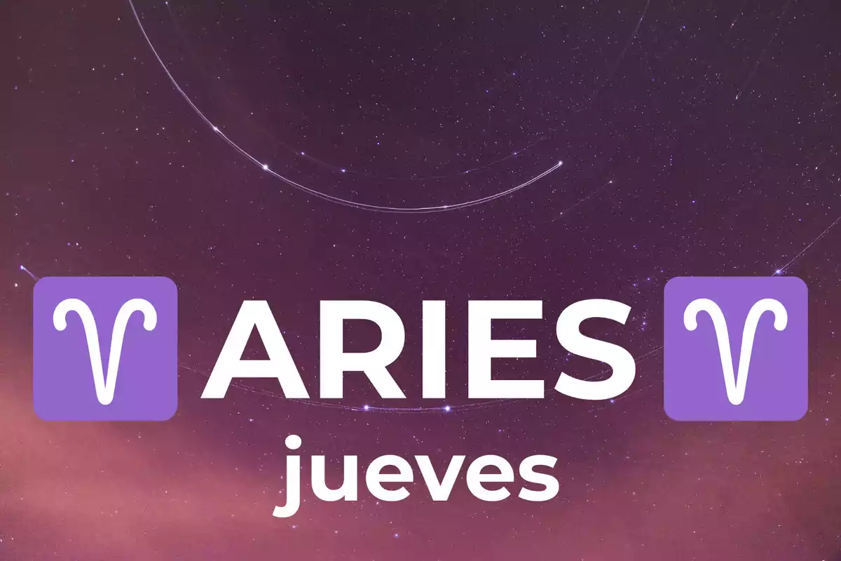 Fondo de cielo estrellado con el texto Aries jueves y dos símbolos del signo Aries en color morado.