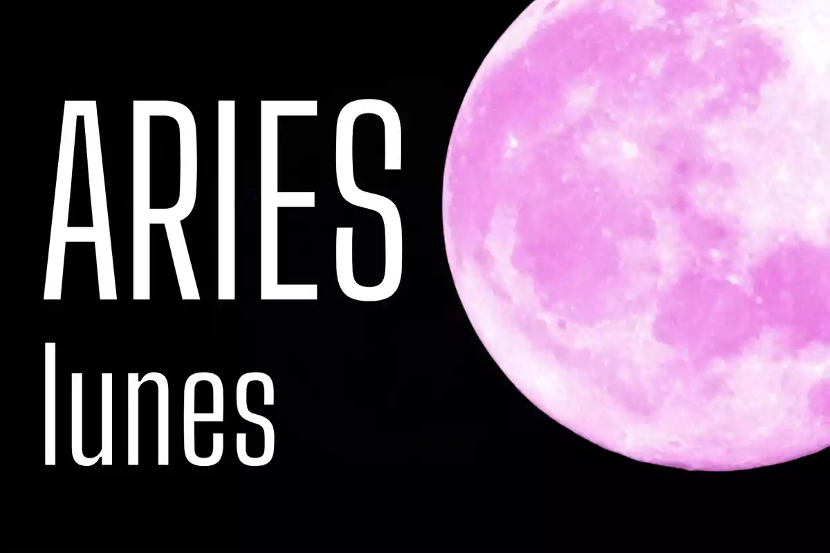 Fondo negro con una luna llena rosa y las palabras Aries lunes en letras blancas grandes