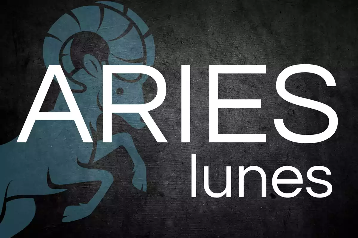 Fondo oscuro con la silueta de un carnero azul y las palabras ARIES y lunes en letras blancas grandes