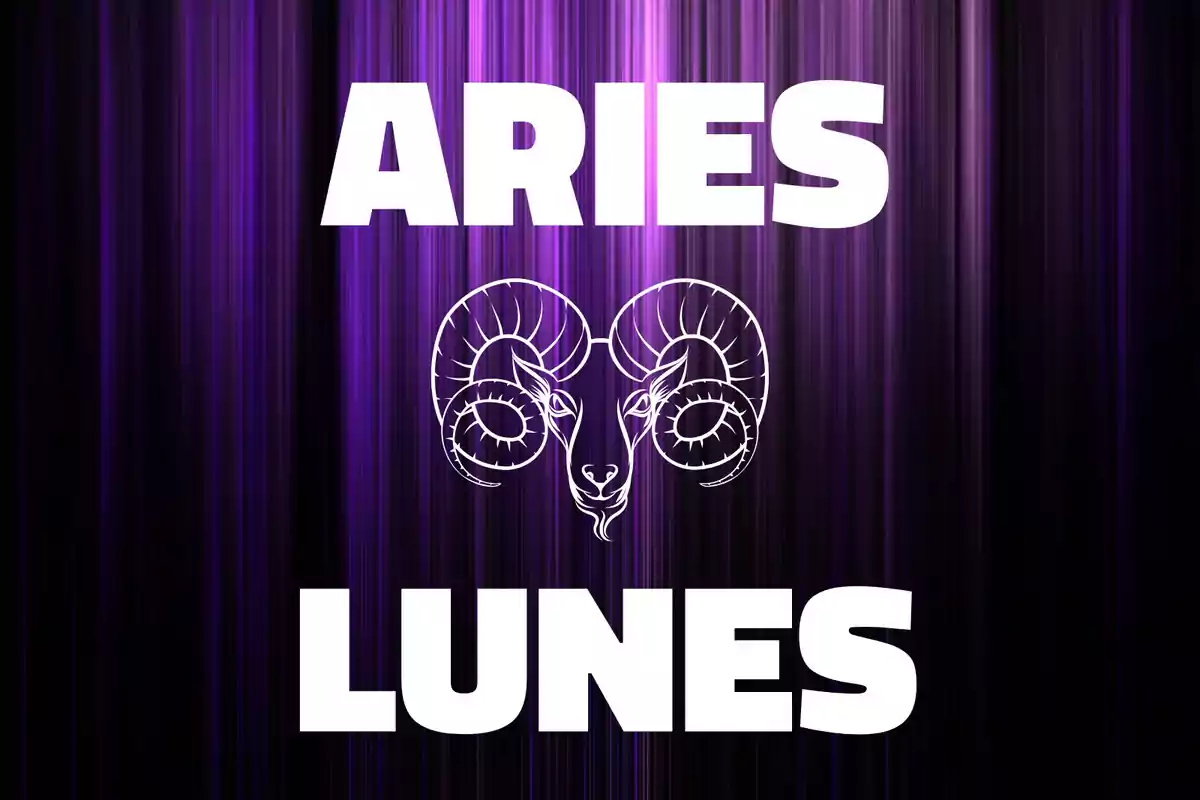 Fondo de líneas moradas con la palabra Aries en la parte superior, un dibujo de carnero en el centro y la palabra Lunes en la parte inferior