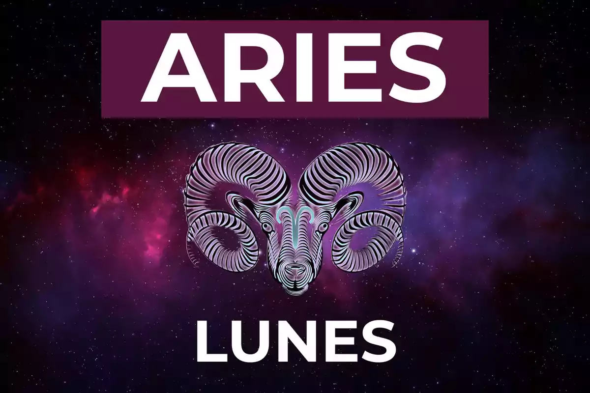 Imagen con fondo de galaxia, el texto Aries en la parte superior, un carnero estilizado en el centro y la palabra Lunes en la parte inferior