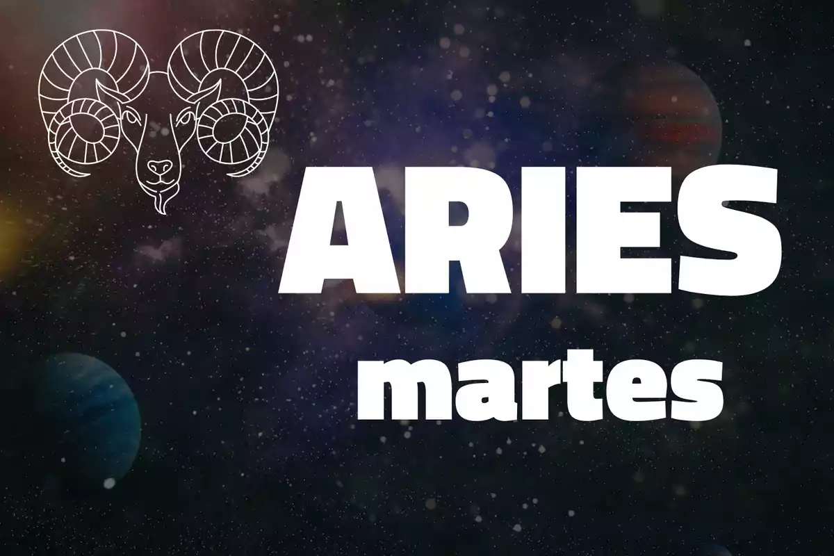 Fondo de galaxia con el símbolo de Aries y las palabras Aries martes en letras grandes y blancas