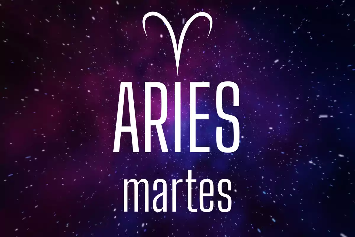 Fondo estrellado con la palabra Aries y el día martes en letras blancas