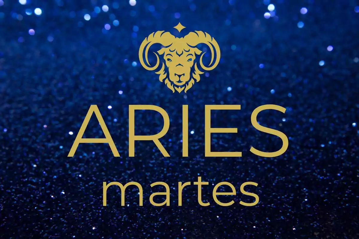 Fondo azul brillante con el símbolo dorado de Aries y las palabras Aries martes en letras grandes y doradas
