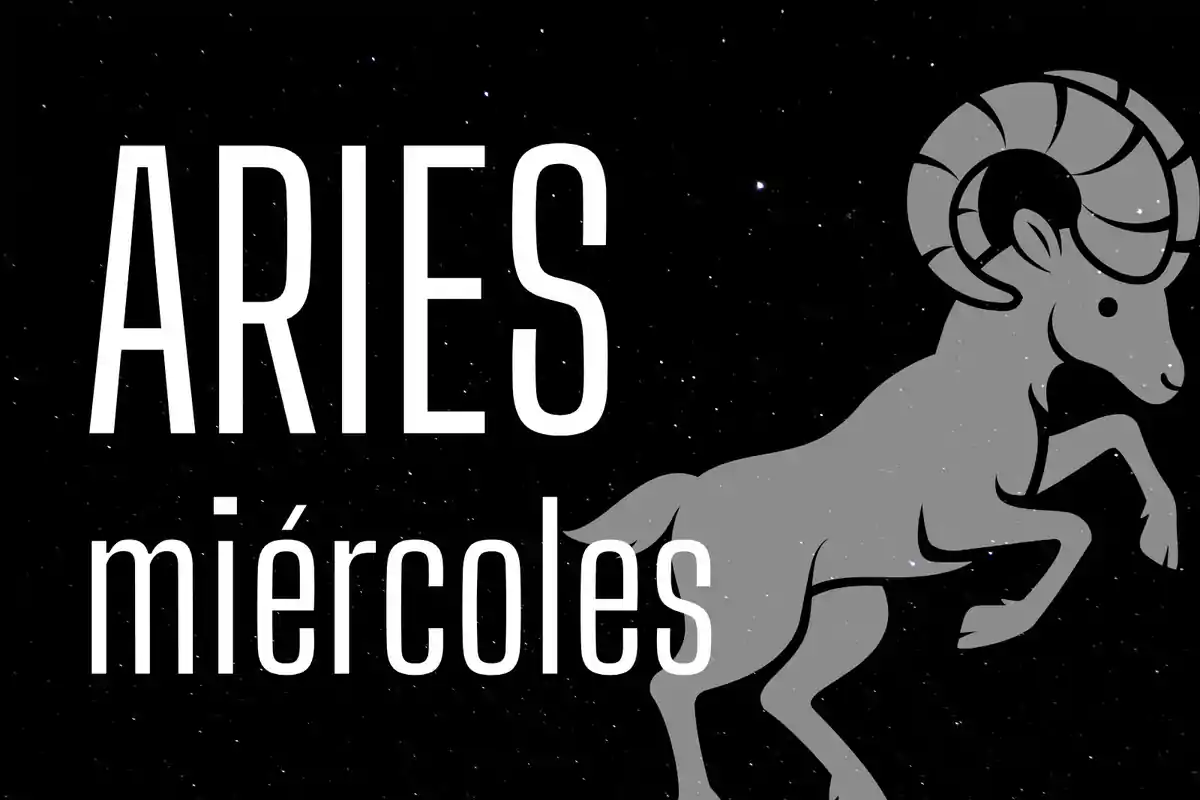 Imagen con fondo de estrellas, la palabra Aries en grande, miércoles en letras más pequeñas y la figura de un carnero a la derecha.