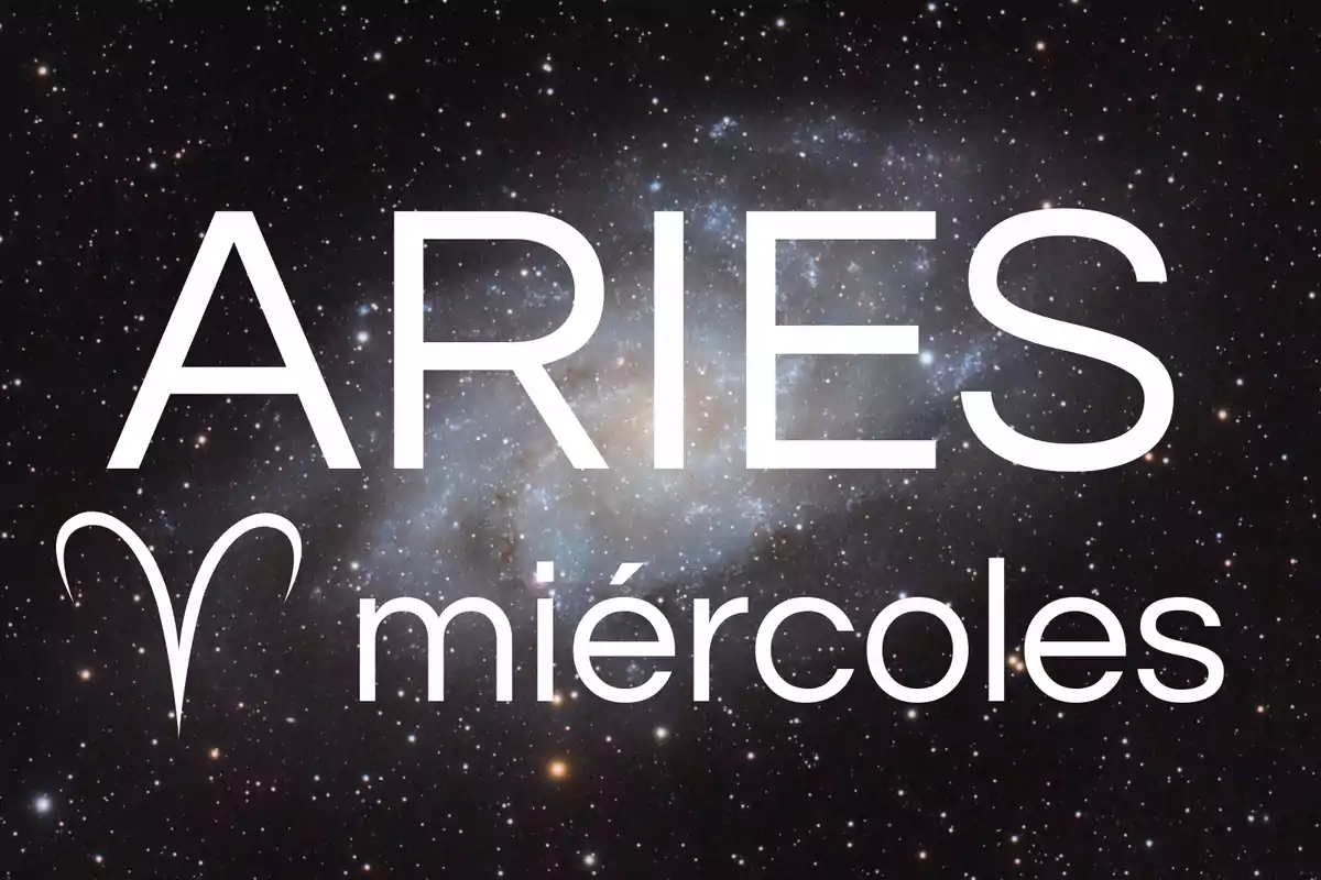 Fondo de estrellas con la palabra Aries y el símbolo del signo junto al texto miércoles