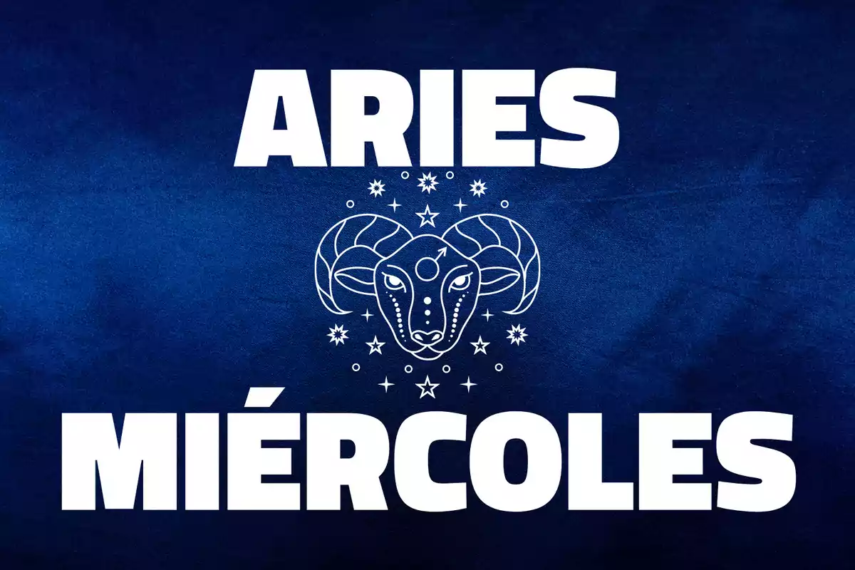 Fondo azul con la palabra Aries en la parte superior, un dibujo de la cabeza de un carnero en el centro rodeado de estrellas y la palabra Miércoles en la parte inferior