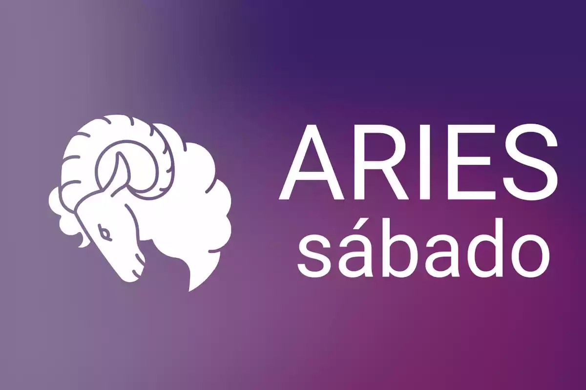 Ilustración de un carnero blanco junto al texto ARIES sábado sobre un fondo degradado en tonos morados.
