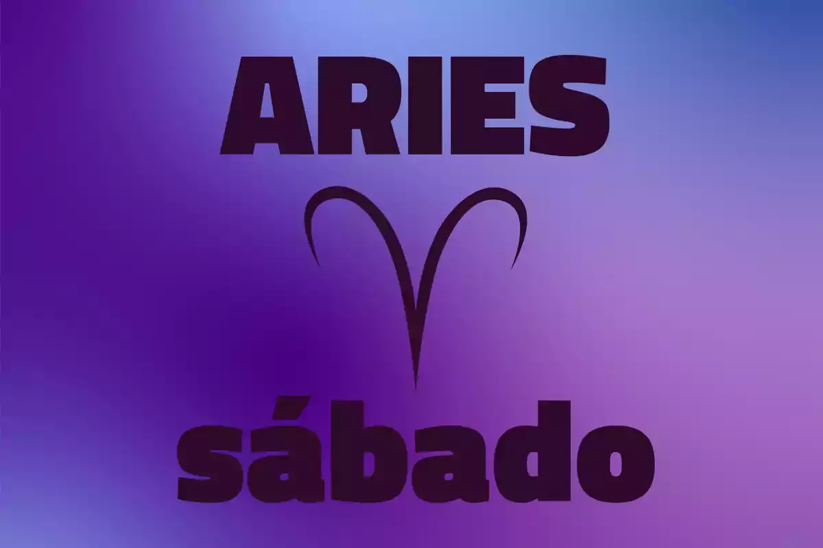 Imagen con fondo degradado en tonos morados y azules que muestra la palabra Aries en la parte superior, el símbolo del signo zodiacal en el centro y la palabra sábado en la parte inferior