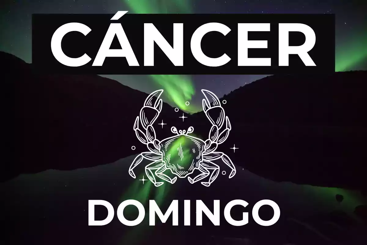 Imagen con la palabra Cáncer en grande, un dibujo de cangrejo y la palabra Domingo sobre un fondo de auroras boreales.