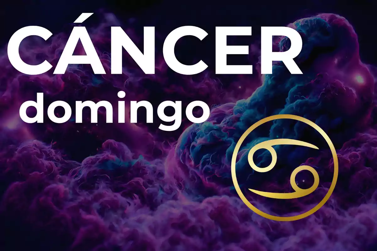 Imagen con fondo de nubes moradas y azules, texto grande que dice Cáncer domingo y el símbolo dorado del signo zodiacal de Cáncer