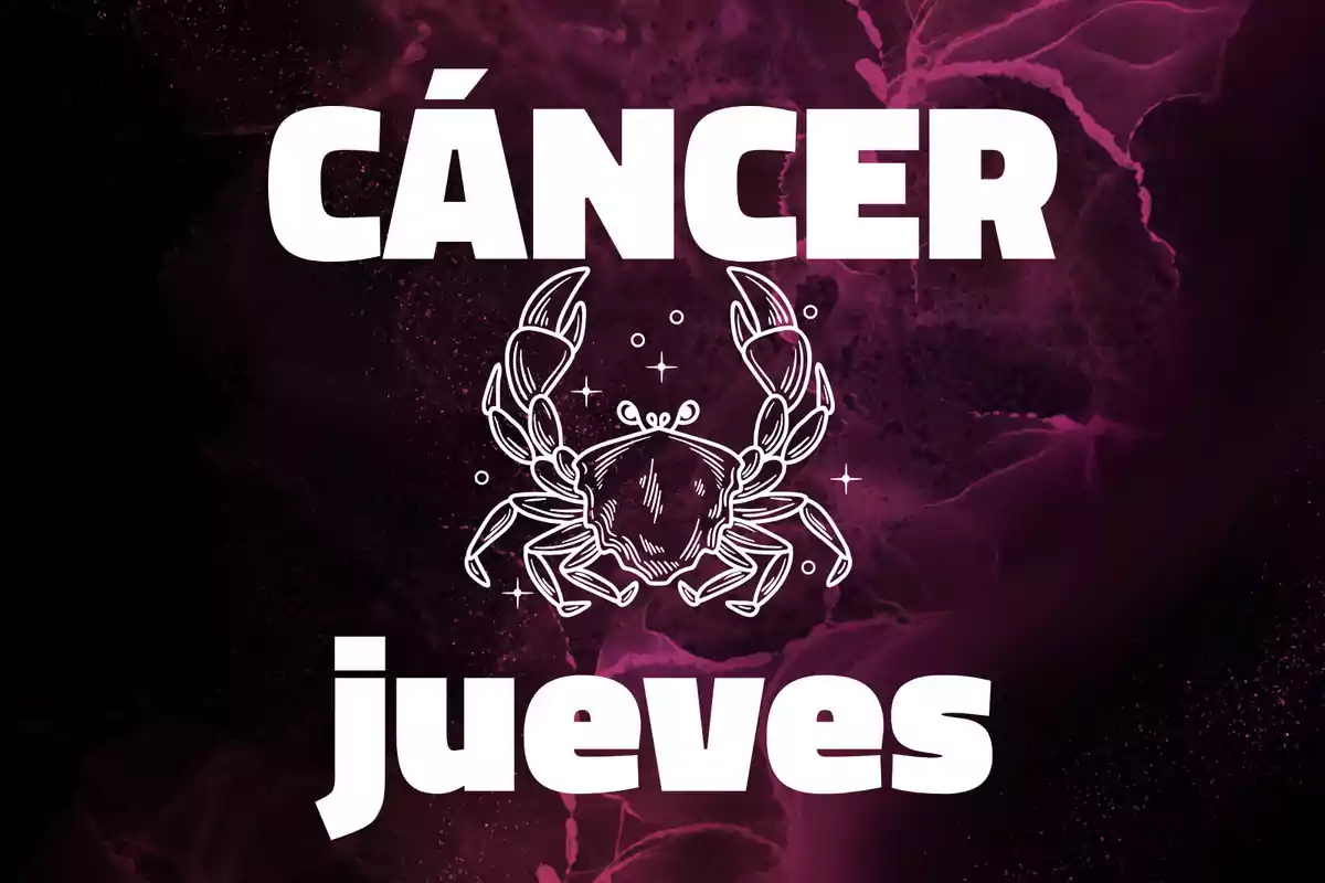 Imagen con fondo morado, la palabra Cáncer en la parte superior, un dibujo de cangrejo en el centro y la palabra jueves en la parte inferior.