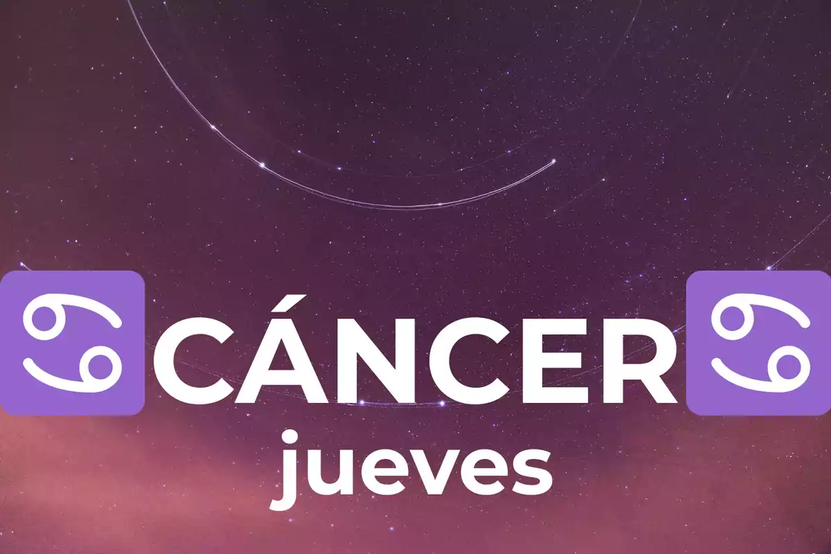 Fondo de cielo estrellado con el texto Cáncer jueves y dos símbolos del signo zodiacal Cáncer en color morado
