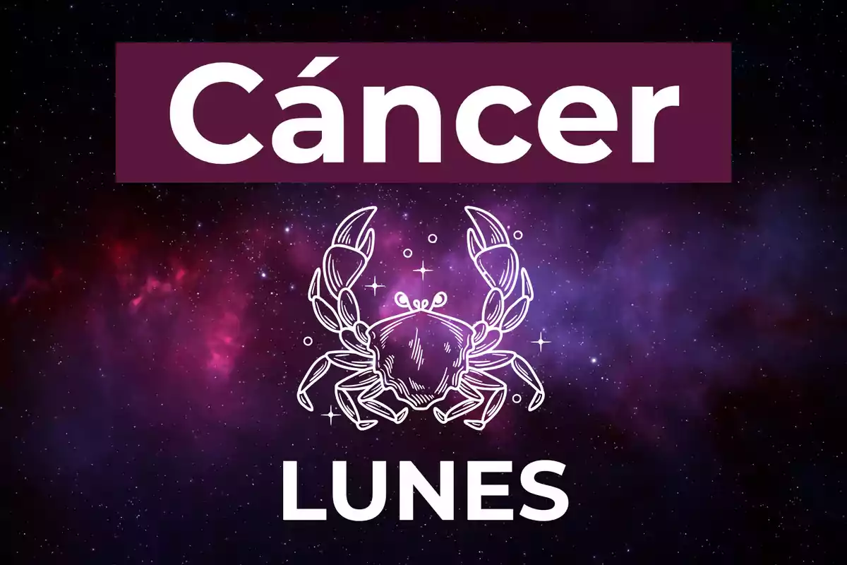 Imagen con fondo de galaxia, el texto Cáncer en la parte superior, un dibujo de un cangrejo en el centro y la palabra Lunes en la parte inferior.