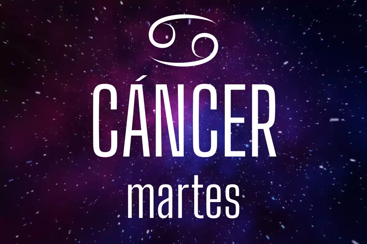 Fondo estrellado con el símbolo de cáncer y las palabras cáncer y martes en el centro