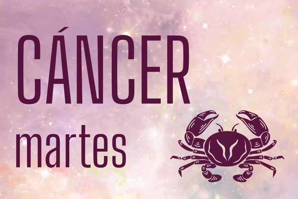 Imagen con fondo de estrellas y tonos rosados que muestra la palabra Cáncer, el día martes y un dibujo de un cangrejo.