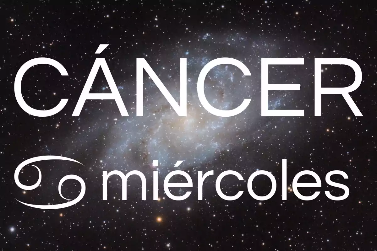 Fondo de galaxia con la palabra Cáncer, el símbolo del signo zodiacal y la palabra miércoles en letras blancas