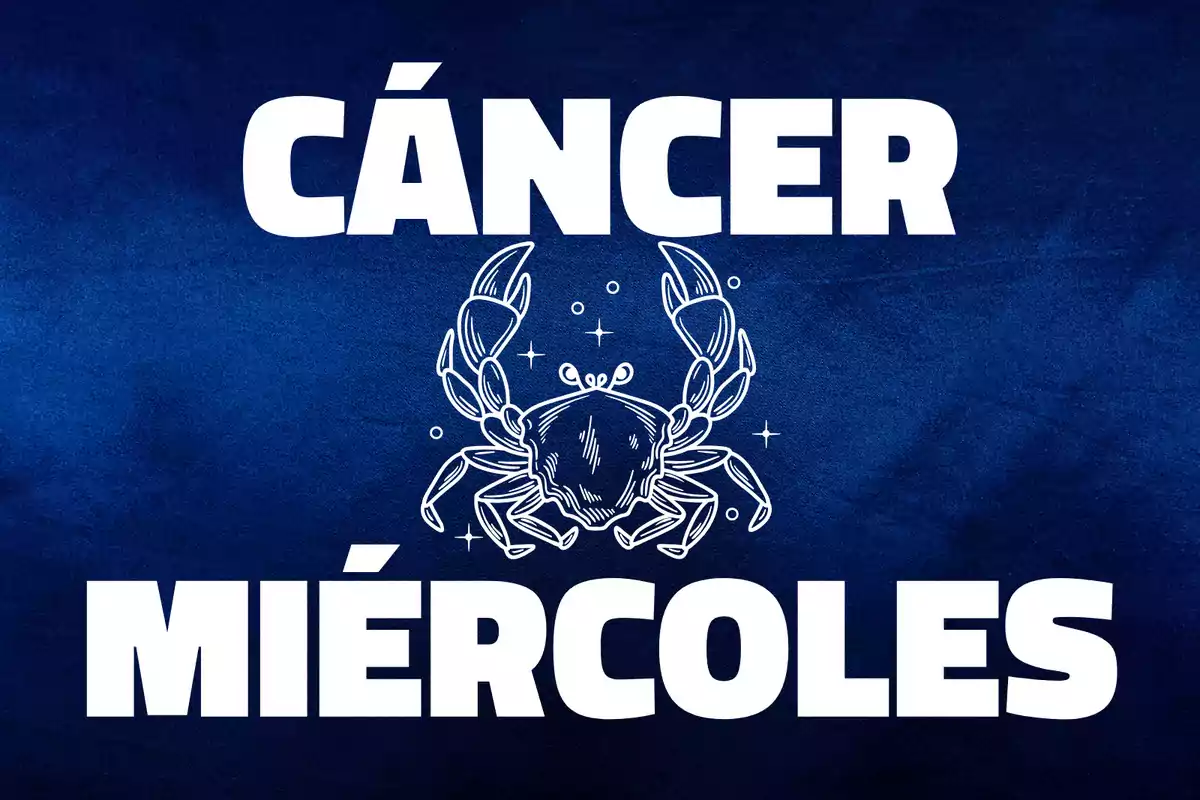 Fondo azul con la palabra Cáncer en la parte superior, un dibujo de un cangrejo en el centro y la palabra Miércoles en la parte inferior