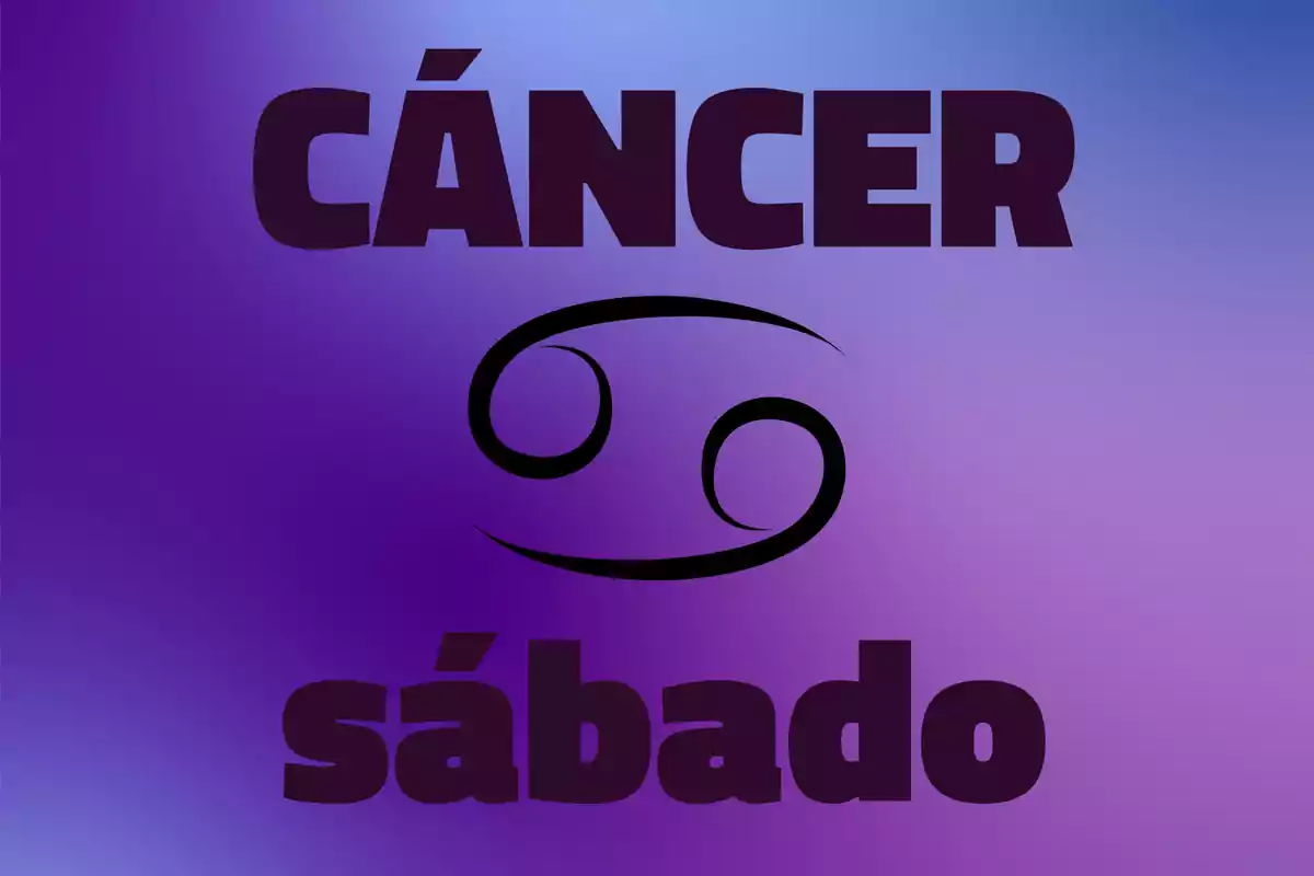 Imagen con fondo degradado en tonos morados y azules que muestra la palabra Cáncer en la parte superior, el símbolo zodiacal de Cáncer en el centro y la palabra sábado en la parte inferior