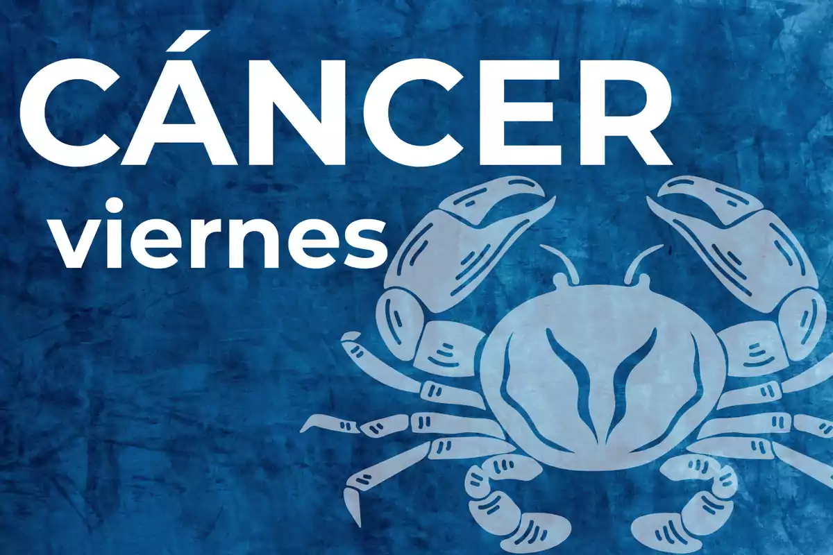 Fondo azul con la palabra Cáncer en grande, viernes en letras más pequeñas y la ilustración de un cangrejo
