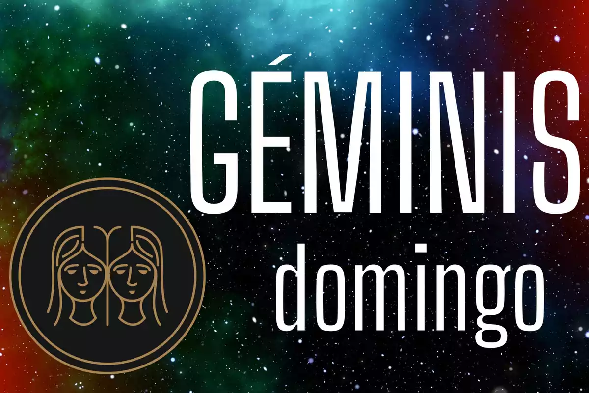 Fondo de galaxia con el símbolo de Géminis y las palabras Géminis domingo en letras grandes.