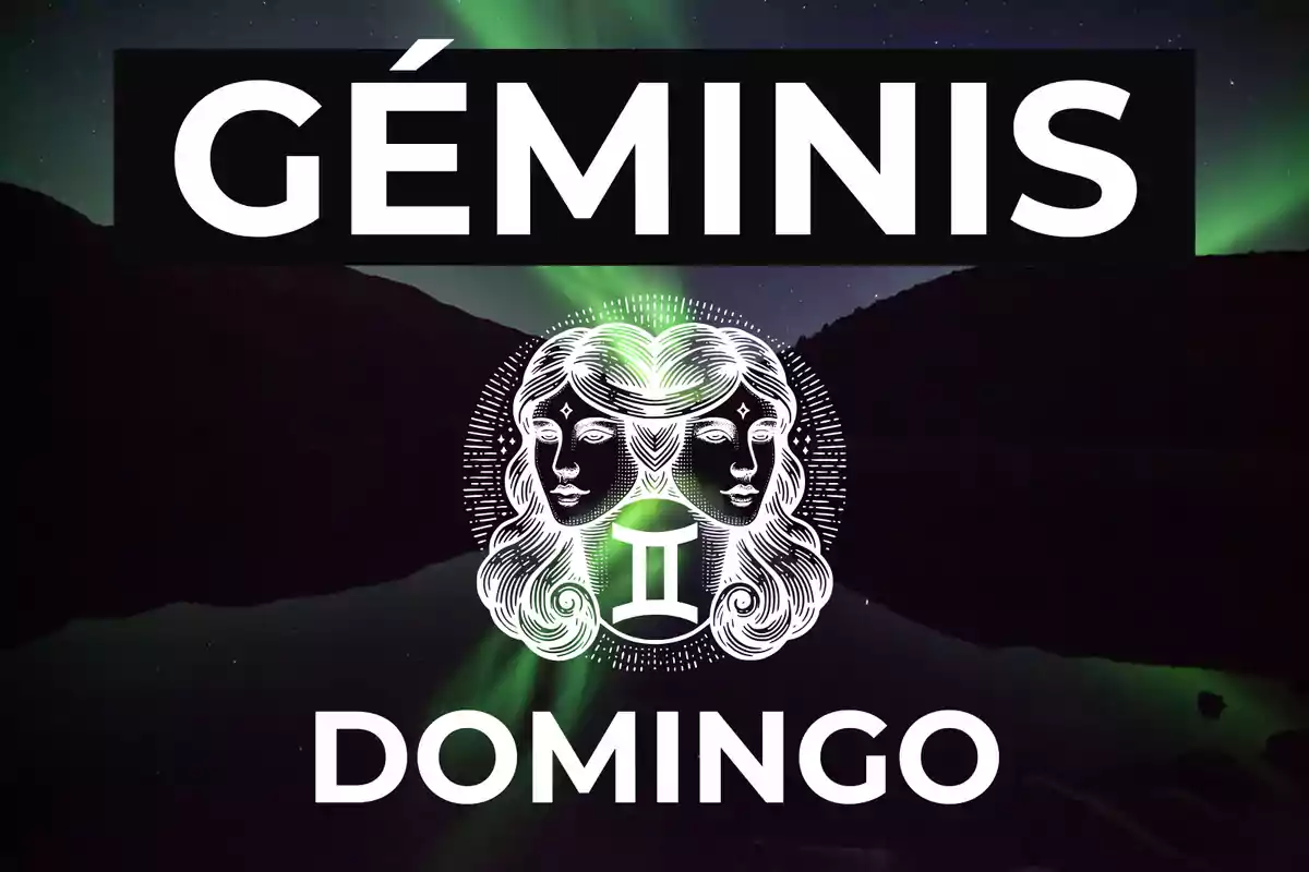 Imagen con el texto Géminis y Domingo, ilustración de dos rostros gemelos y el símbolo del signo zodiacal sobre un fondo de auroras boreales