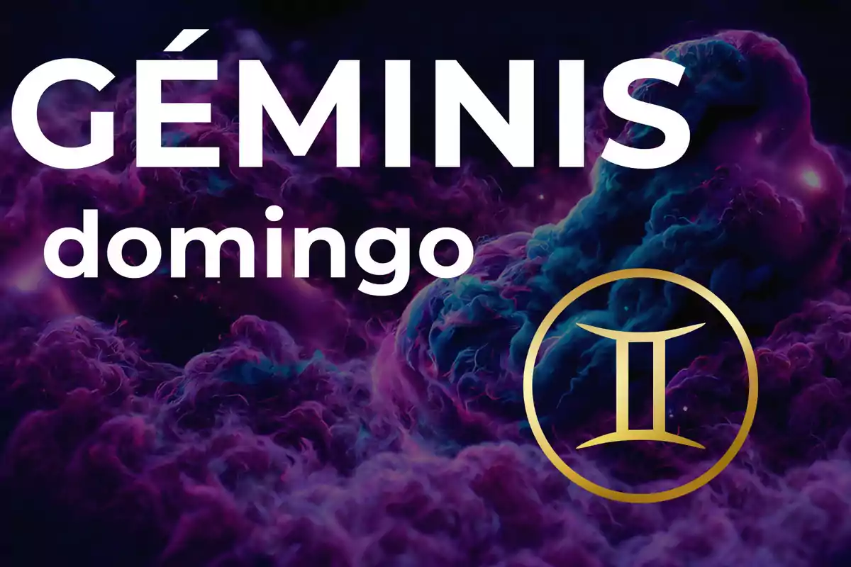 Imagen con fondo de nubes moradas y azules, texto grande que dice Géminis domingo y el símbolo dorado del signo zodiacal de Géminis.