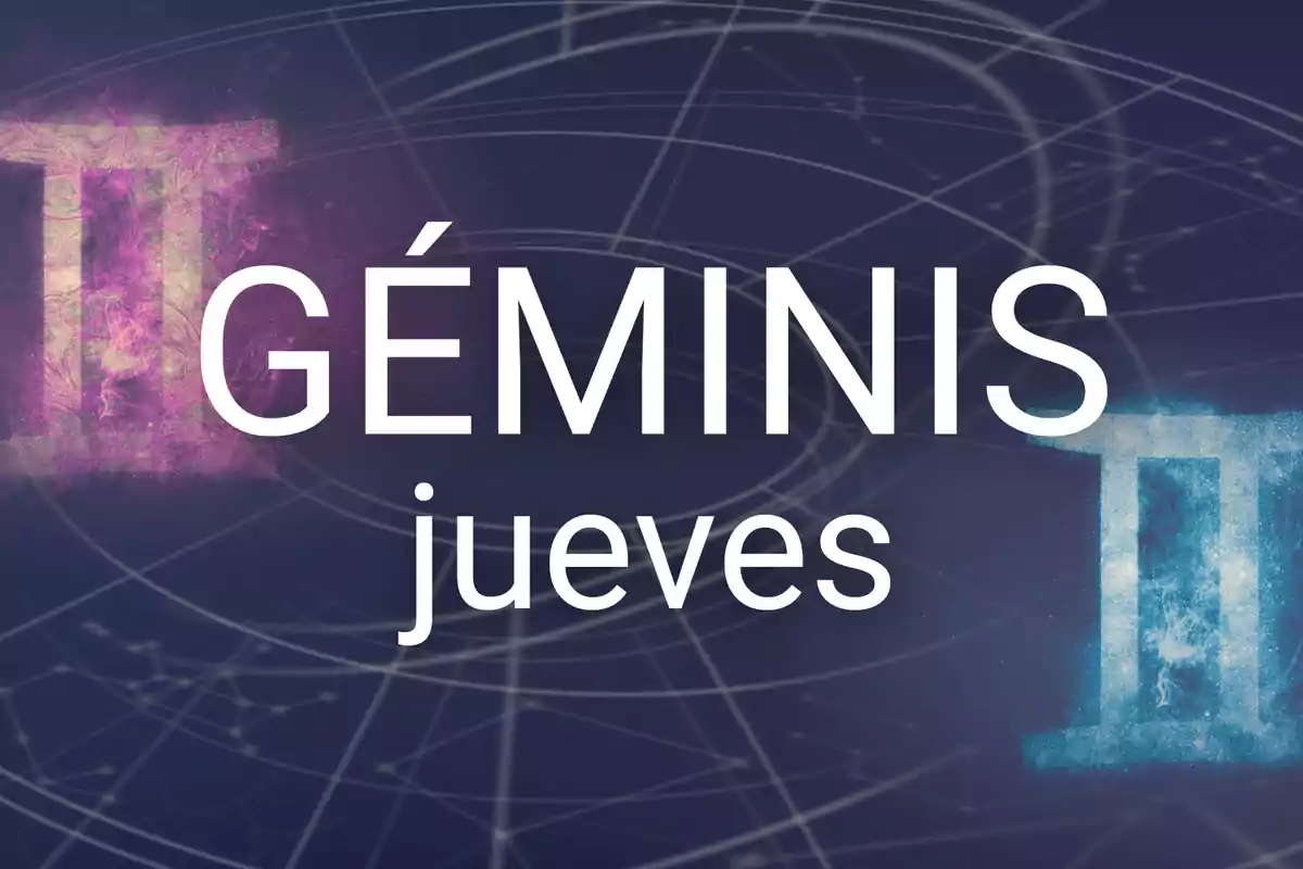 Imagen con el texto Géminis jueves sobre un fondo oscuro con símbolos del signo zodiacal Géminis en colores rosa y azul.