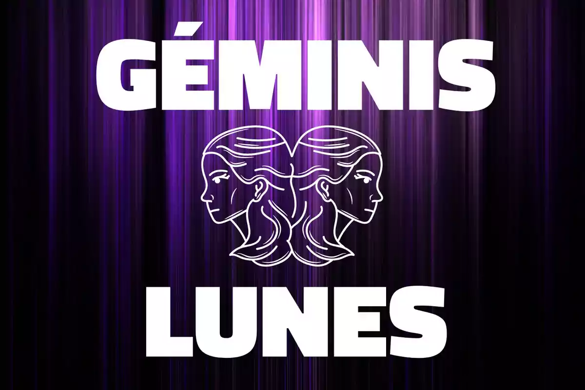 Imagen con fondo de líneas moradas y negras, el texto dice Géminis y Lunes, en el centro hay un dibujo de dos rostros gemelos enfrentados.