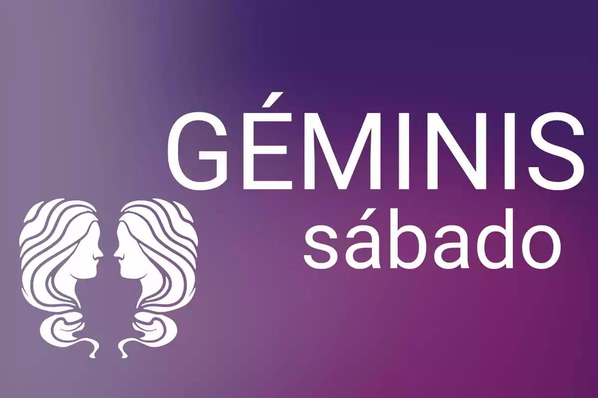 Imagen con fondo degradado morado que muestra la palabra Géminis, la palabra sábado y el símbolo de dos rostros enfrentados representando el signo zodiacal.