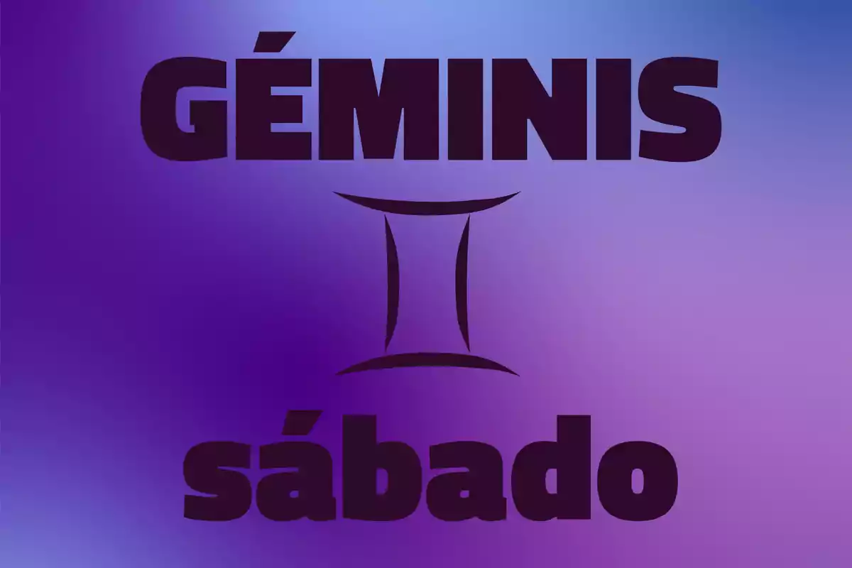 Fondo degradado en tonos morados con la palabra Géminis en la parte superior, el símbolo del signo en el centro y la palabra sábado en la parte inferior
