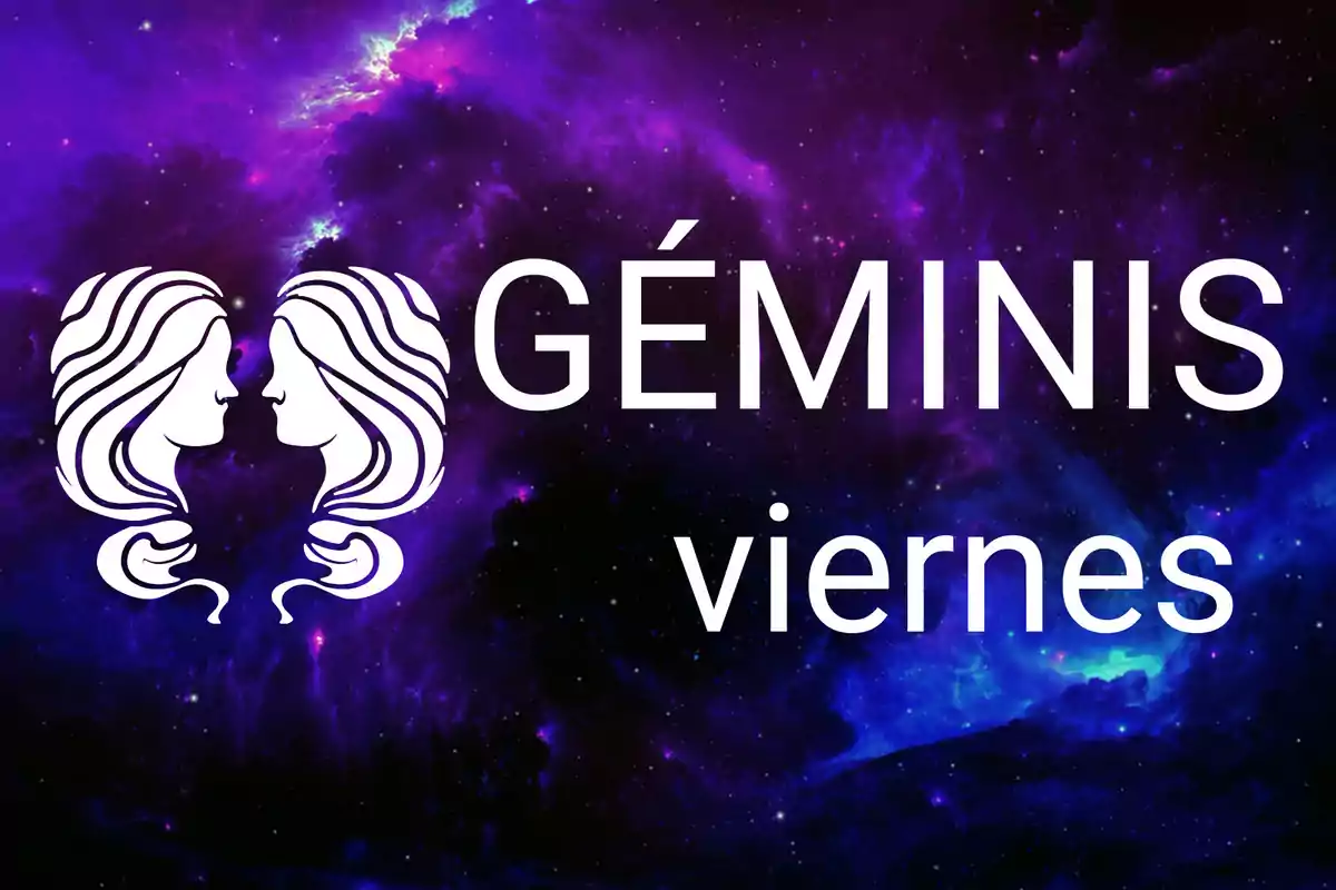 Dos rostros idénticos enfrentados junto a la palabra Géminis y viernes sobre un fondo de galaxia púrpura.