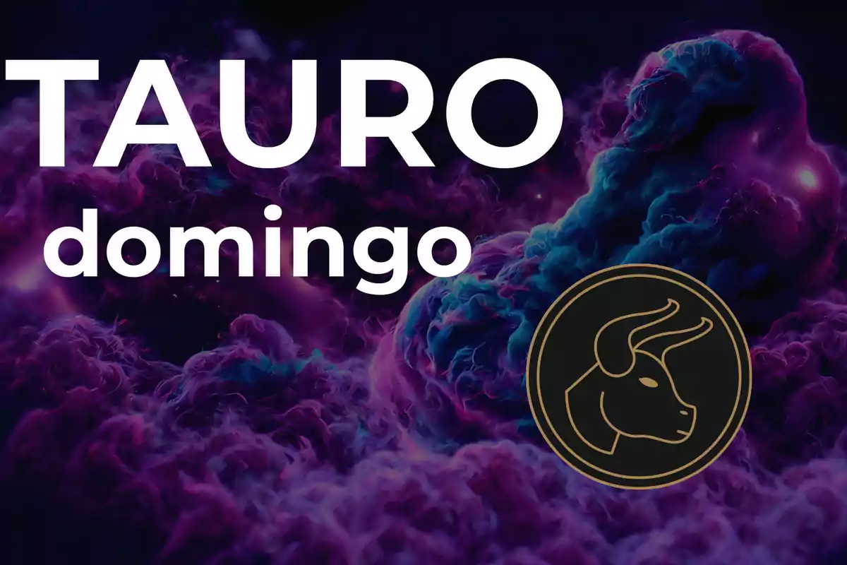Imagen con fondo de nubes en tonos morados y azules, texto grande que dice Tauro domingo y un símbolo dorado de un toro dentro de un círculo.
