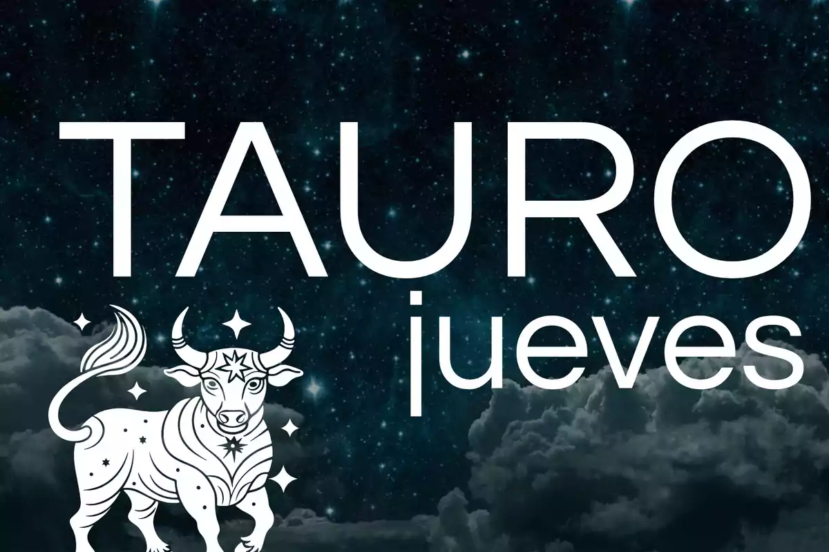 Ilustración de un toro blanco con estrellas sobre un fondo de cielo nocturno con nubes y las palabras Tauro jueves en letras grandes.
