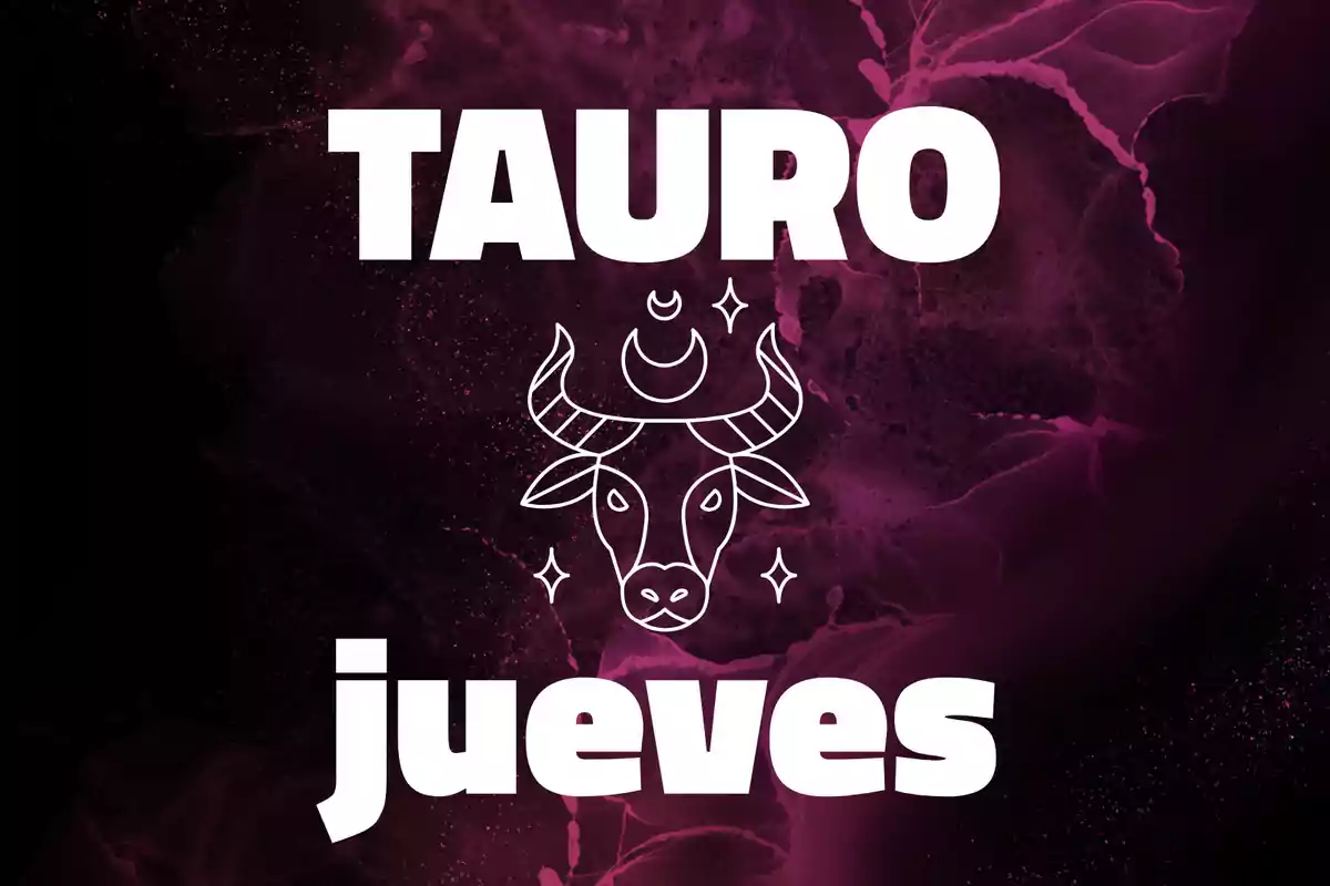 Fondo morado con la palabra Tauro en la parte superior, un dibujo de un toro con una luna y estrellas en el centro y la palabra jueves en la parte inferior