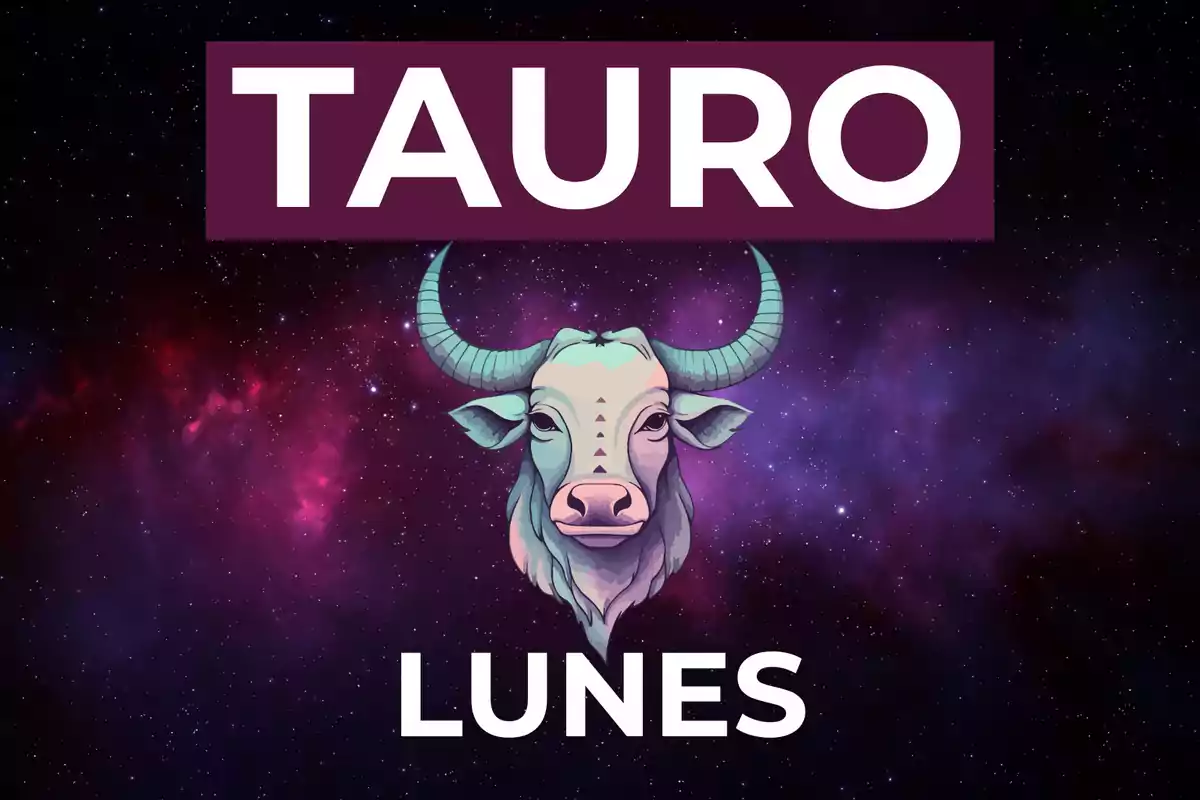Ilustración de un toro con fondo de galaxia y las palabras Tauro y Lunes en letras grandes
