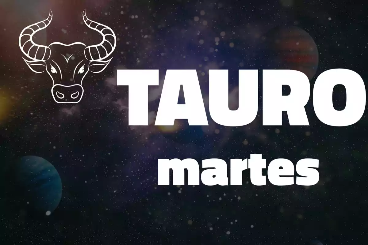 Ilustración de un toro junto a la palabra Tauro y el día martes sobre un fondo de espacio con planetas.