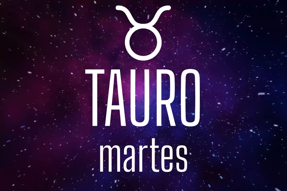 Fondo de galaxia con el símbolo de Tauro y las palabras Tauro martes en letras grandes blancas