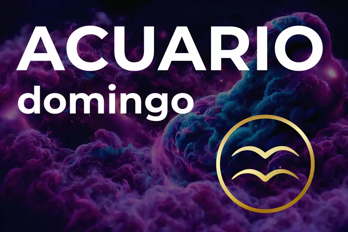 Imagen con fondo de nubes en tonos morados y azules, texto grande que dice Acuario domingo y un símbolo dorado del signo zodiacal de Acuario.