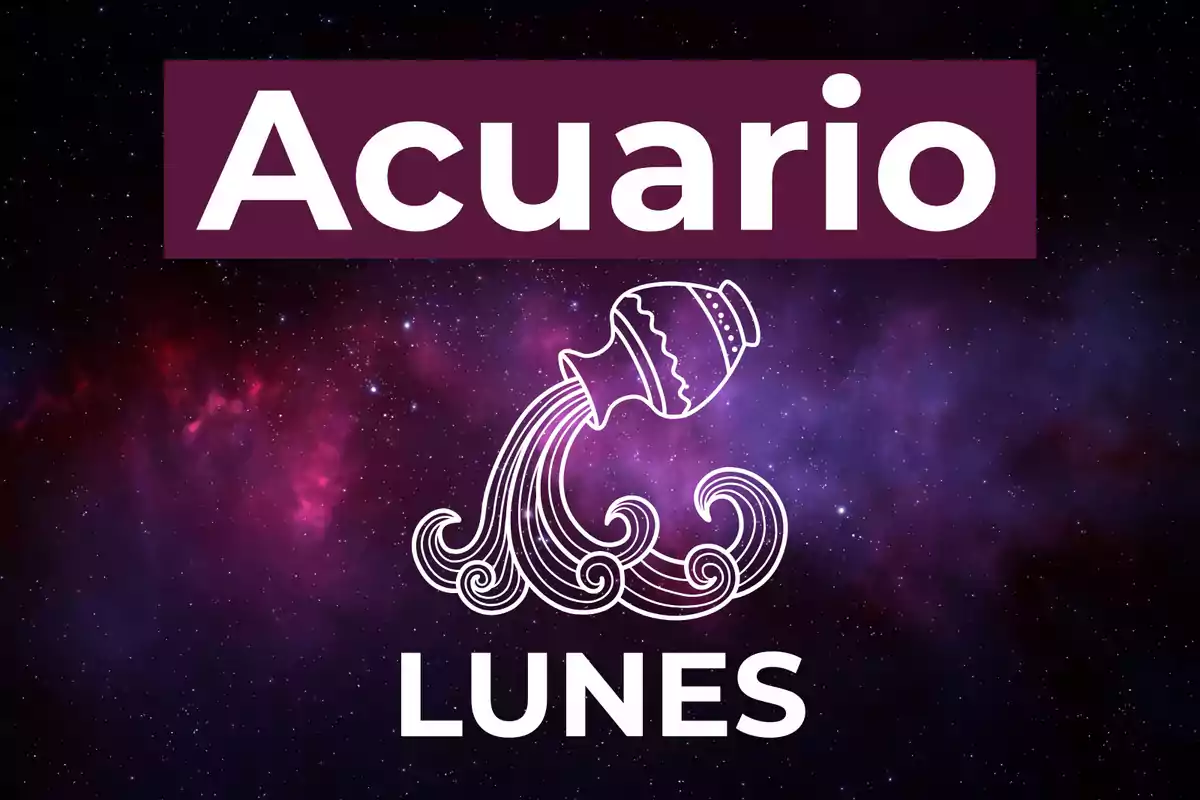 Imagen con fondo de galaxia, el texto Acuario en la parte superior, un dibujo de un cántaro derramando agua en el centro y la palabra Lunes en la parte inferior