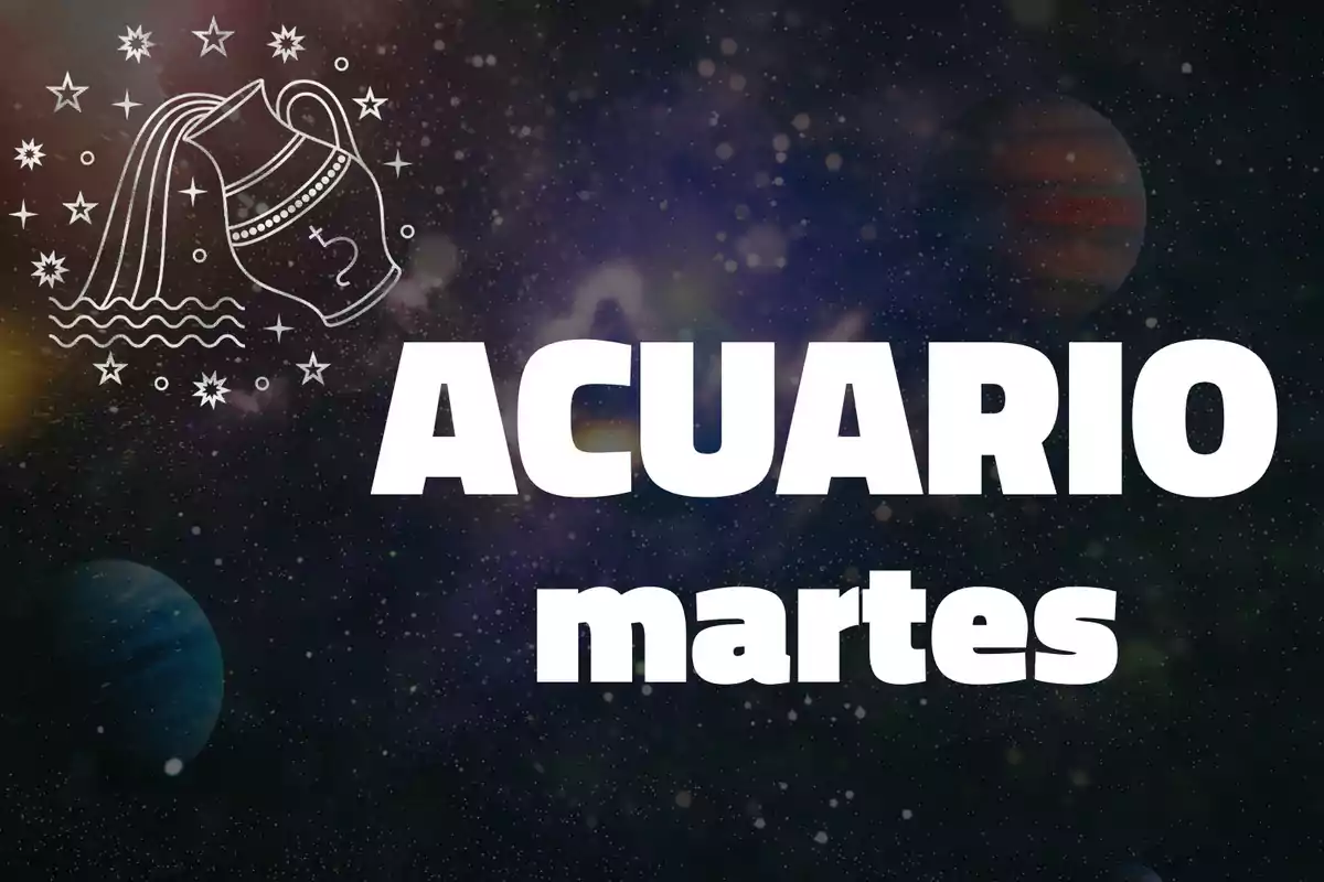 Imagen con fondo de galaxia, un dibujo de una jarra de agua rodeada de estrellas y el texto Acuario martes en letras grandes blancas