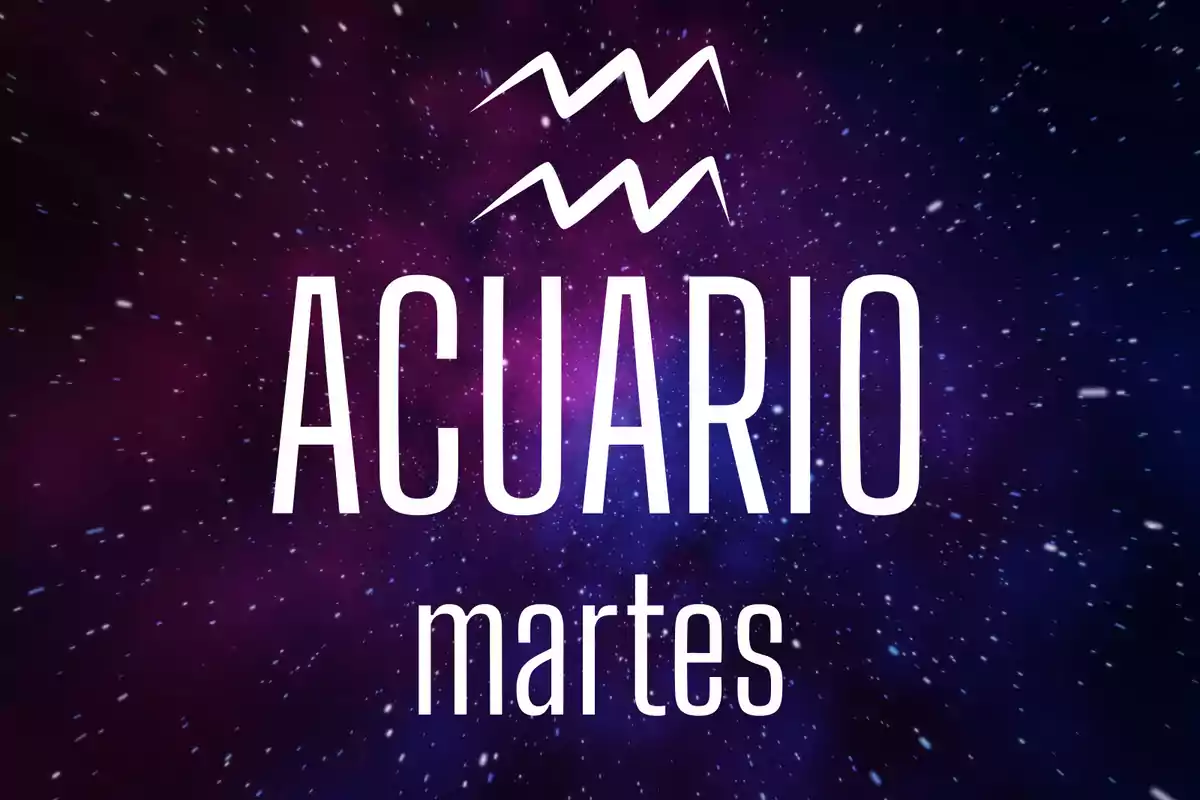 Fondo estrellado con el símbolo de Acuario y las palabras Acuario martes en el centro
