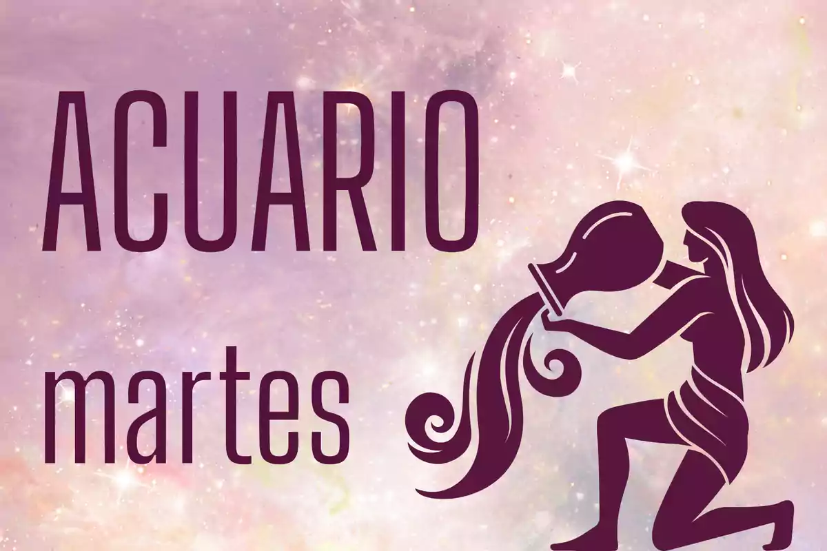 Imagen con fondo de estrellas y tonos lilas que muestra la palabra Acuario, el día martes y la silueta de una mujer vertiendo agua de una vasija.