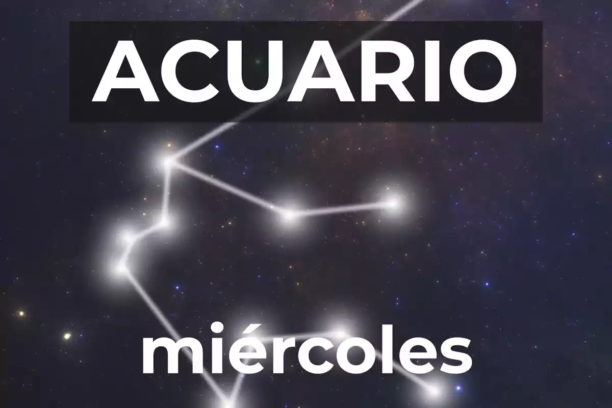 Fondo de estrellas con la constelación de Acuario resaltada y las palabras Acuario y miércoles en letras grandes.