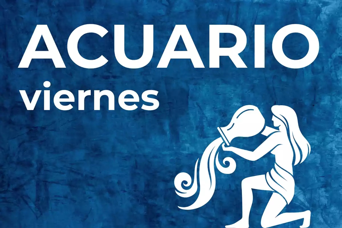 Fondo azul con la palabra Acuario, viernes y la silueta de una figura vertiendo agua